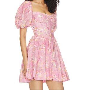 NEW Bardot Kiah Corset puff sleeve Mini Dress PINK